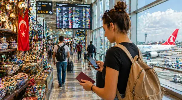 Kobieta z plecakiem i paszportem w ręku, korzystająca z telefonu na lotnisku w Turcji. W tle sklep z pamiątkami i samolot Turkish Airlines.