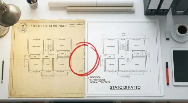 Confronto tra progetto e stato di fatto per accertamento di conformità. Una modifica strutturale non autorizzata è evidenziata.