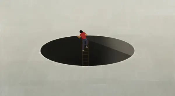 Iemand die altijd een weerwoord heeft, klimt met een ladder uit een zwart gat.