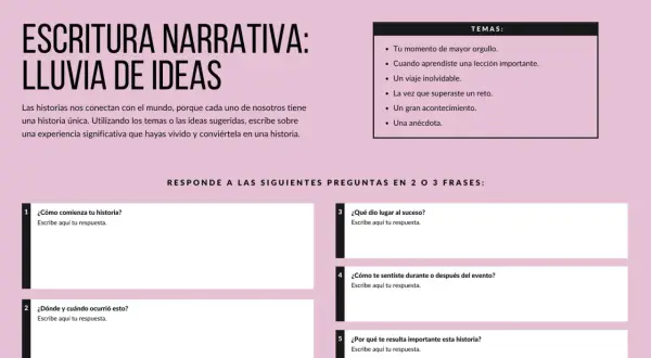 Plantilla para escribir una historia narrativa, con secciones para temas, preguntas guía y espacios para respuestas.