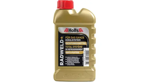 Złota butelka uszczelniacza do chłodnic Holts Radweld+. Opis produktu informuje o jego zastosowaniu i potencjalnych skutkach ubocznych, jeśli nie jest używany zgodnie z instrukcją.