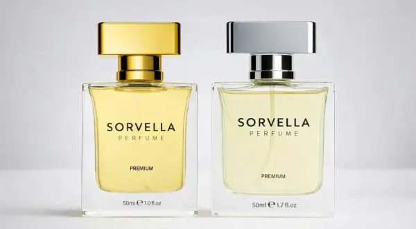 Dwie butelki perfum Sorvella Premium, jedna ze złotą, druga ze srebrną nakrętką. Wyglądają jak oryginalne.