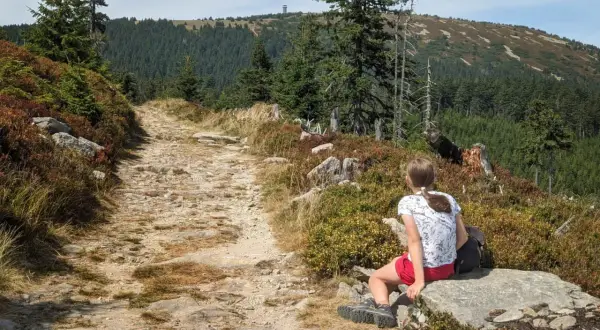 Dziewczynka odpoczywa na kamieniu przy kamienistym szlaku. W tle gęsty las i góra z wieżą. Piękny widok na śnieżnik szlaki.