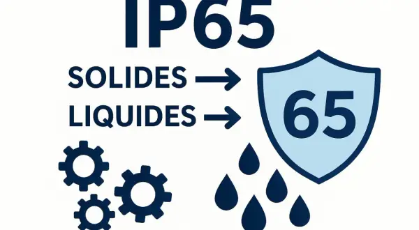 Illustration expliquant la classification IP65 : protection contre les solides (engrenages) et les liquides (gouttes d'eau).
