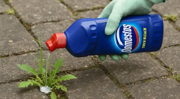 Rękawiczka w zielonej rękawicy wylewa płyn z niebieskiej butelki Domestos na chwasty rosnące między płytkami chodnikowymi.