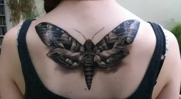 Realistyczny tatuaż ćmy na plecach. Ćma symbolizuje transformację, noc i tajemnicę.