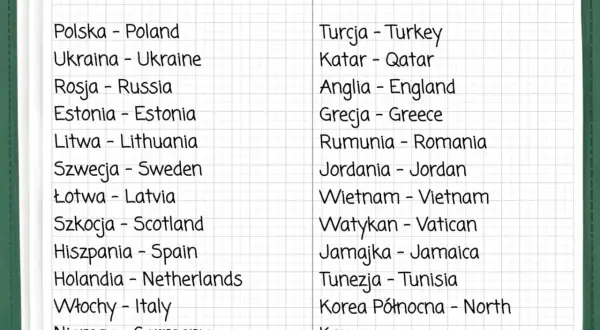 Lista krajów po angielsku: Polska, Ukraina, Rosja, Estonia, Litwa, Szwecja, Łotwa, Szkocja, Hiszpania, Holandia, Włochy, Niemcy, Turcja, Katar, Anglia, Grecja, Rumunia, Jordania, Wietnam, Watykan, Jamajka, Tunezja, Korea Północna.