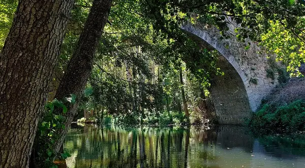 Puente de piedra sobre un río tranquilo, reflejando árboles frondosos. Un rincón idílico en Montemayor del Río, como una piscina natural.
