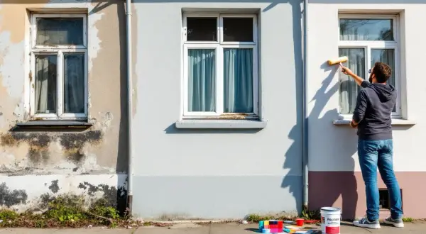 Un homme effectue la rénovation de façade d'une maison, appliquant de la peinture fraîche sur le mur extérieur.