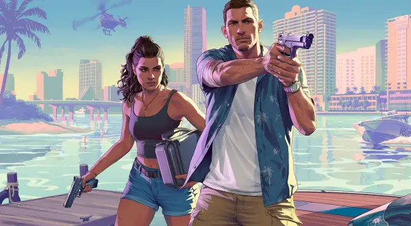 Para GTA 6 PC: para, uzbrojeni po zęby, przygotowują się do akcji na tle słonecznego miasta.