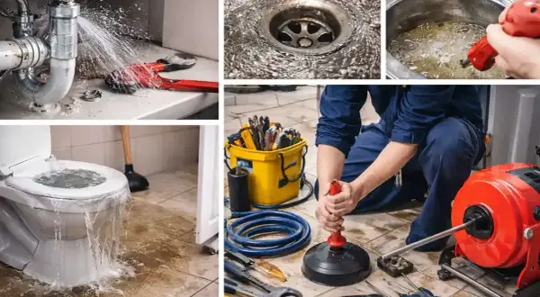 Fuite sous un évier, toilettes débordantes, drain bouché. Un plombier utilise des outils pour réparer la canalisation de la maison.
