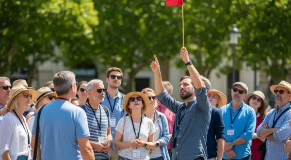 Ein Reiseleiter mit roter Fahne führt eine Gruppe bei kostenlosen Stadtführungen an.