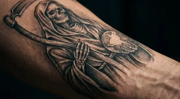 Chicano tattoo: Śmierć z kosą trzymająca kulę ziemską, symbolizująca przemijanie i los.