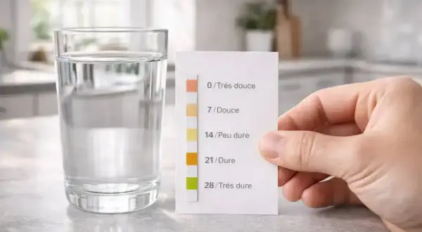 Test de dureté de l'eau : une bandelette réagit avec le verre d'eau, indiquant la présence de calcaire et de calcium.
