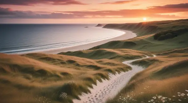 En sandstig slingrar sig genom gräsbevuxna dyner vid havet. Solnedgången färgar himlen i varma toner, perfekt för en vandring i Danmark.