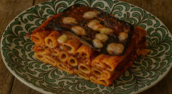 Piatto di pasta al forno con melanzane, un classico tra le melanzane ricette estive, servito su un piatto decorato.