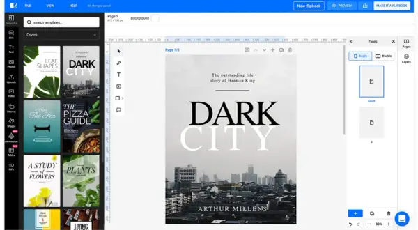 Interfaz para hacer portada online. Muestra plantillas de portadas de libros y un editor para crear tu diseño.