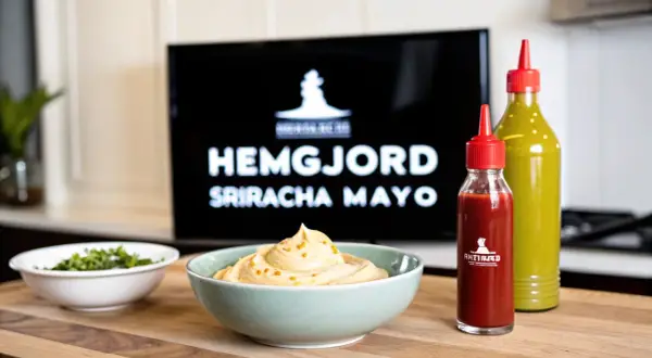 En skål med krämig sriracha mayo med topping, bredvid en flaska sriracha och en grön sås. Perfekt för ditt sriracha mayo recept!