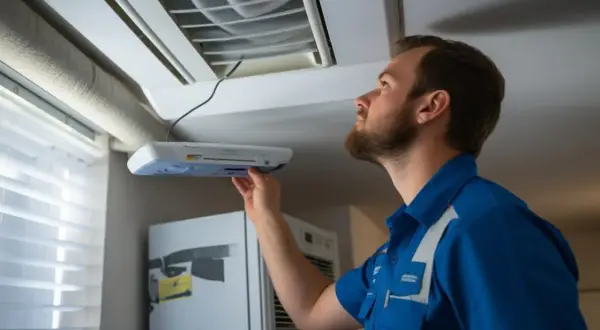Technik dokonuje odbioru wentylacji mechanicznej, sprawdzając urządzenie pod sufitem.