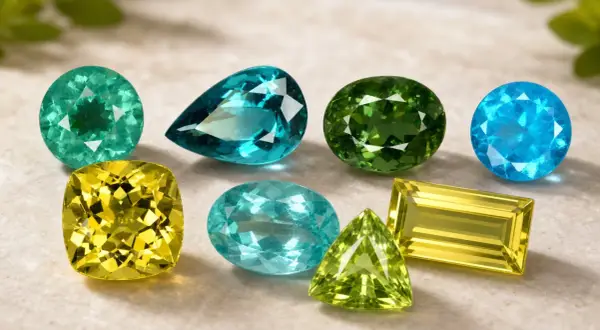Variedad de gemas de apatito en tonos verdes, azules y amarillos, mostrando sus deslumbrantes propiedades.