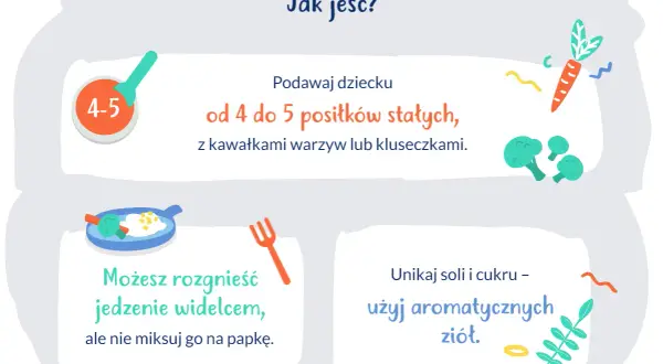 Wskazówki dla rodziców 9-miesięcznego dziecka: podawaj 4-5 posiłków stałych z kawałkami warzyw, rozgniataj widelcem, unikaj soli i cukru.