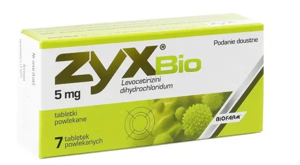 Opakowanie leku ZYX Bio 5 mg zawierające 7 tabletek powlekanych, z substancją czynną Levocetirizini dihydrochloridum.