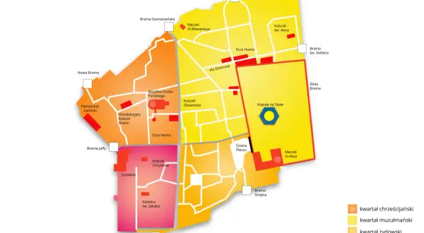 Mapa Starego Miasta w Jerozolimie, pokazująca kwartały: chrześcijański, muzułmański, żydowski i ormiański.