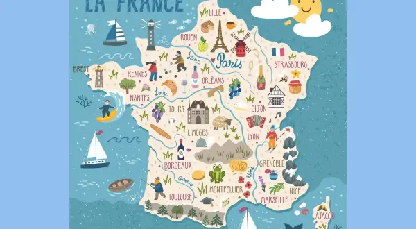 Ilustrowana mapa Francji z nazwami miast i charakterystycznymi symbolami, ukazująca różnorodność regionów Francji.
