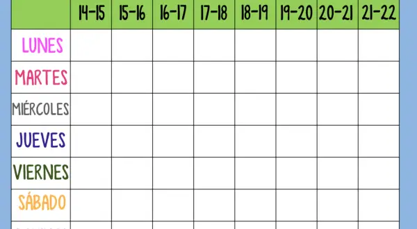 Plantilla horario actividades extraescolares. Tabla semanal con días de lunes a domingo y franjas horarias de 14 a 22h para organizar la tarde.