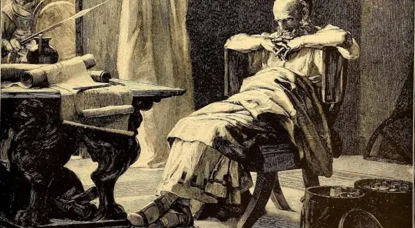 Archimedes, zamyślony, siedzi przy stole z zwojami. Żołnierz w hełmie stoi obok.