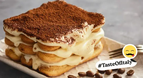 Ein köstliches Tiramisu, perfekt für Ihre Tiramisu Rezepte. Mit Löffelbiskuits, cremiger Mascarpone und Kakaopulver bestäubt. #TasteOfItaly