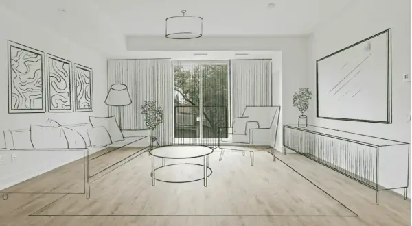 Szkic sytuacyjny salonu z kanapą, fotelem, stolikiem kawowym i komodą. Widok na balkon przez drzwi tarasowe.