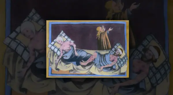 Illustration av sjuka människor med bölder, en påminnelse om justinianska pesten. En person ber i bakgrunden.