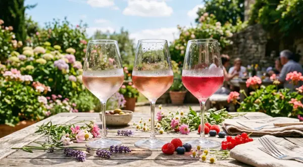 Drei Gläser saignee rose stehen auf einem Holztisch, dekoriert mit Beeren und Blumen. Im Hintergrund eine sonnige Gartenszene mit Menschen.