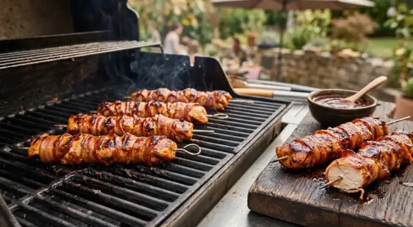 Fleischspieße mit Speck umwickelt brutzeln auf dem Grill. Perfekt für leckere Grill Rezepte im Sommer.