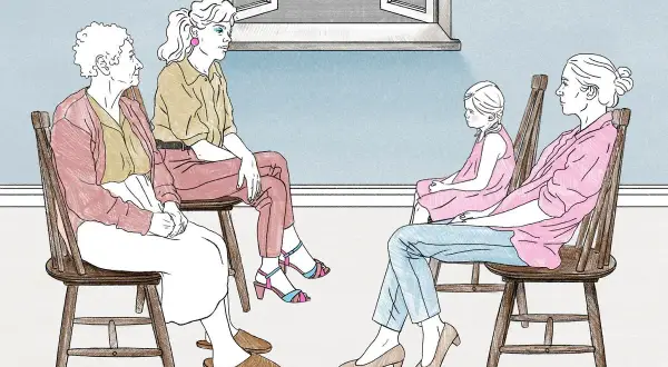 Grupa kobiet, w tym starsza pani, młoda kobieta i dziewczynka, siedzą na krzesłach. Ilustracja może być częścią poradnika dla rodziców dorosłych dzieci.