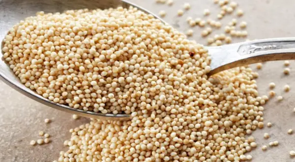 Ein Löffel voller gepuffter Amaranth-Samen, die leicht und luftig aussehen. Sie sind eine gesunde Zutat, die man in Müsli oder als Snack genießen kann.