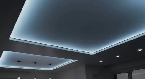 Nowoczesny sufit napinany z podświetleniem LED tworzy niepowtarzalny klimat.