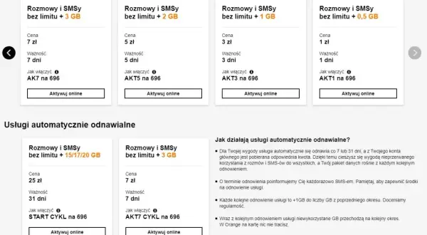Oferty Orange na kartę: pakiety jednorazowe i odnawialne. Znajdź idealny pakiet dla siebie, np. rozmowy i SMSy bez limitu + 3 GB za 7 zł.
