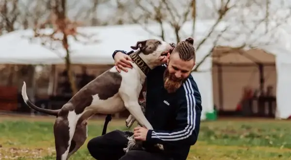 Miły pies, Jordan, przytula się do swojego właściciela.