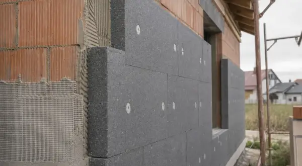 Izolacja ścian zewnętrznych z grafitowego styropianu, który charakteryzuje się niskim współczynnikiem izolacji cieplnej lambda.