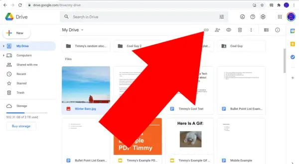 Red arrow points to the link icon in Google Drive, showing how to upload a link.
