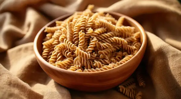 Drewniana miska pełna makaronu fusilli na lnianym tle.