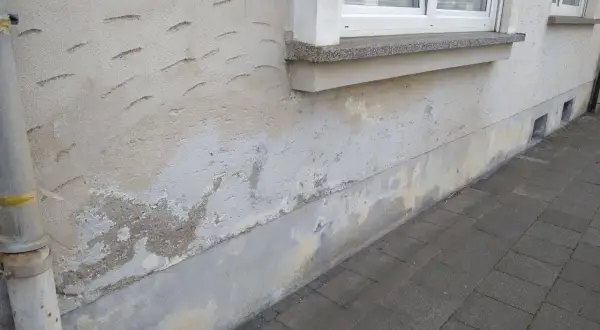 Salpeter an der Wand zeigt sich als Ausblühung. Die Stelle muss vorbereitet werden, bevor man die Wand streichen kann.