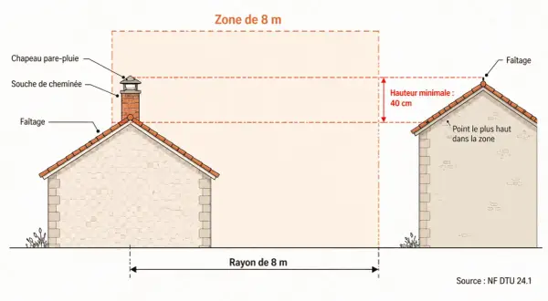 Schéma de tubage de poêle à bois : distance de 8m et hauteur minimale de 40cm pour la souche de cheminée par rapport au faîtage.