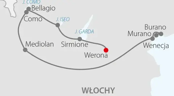 Trasa podróży: Mediolan, Sirmione nad jeziorem Garda, Werona, Wenecja. Skala 25 km.
