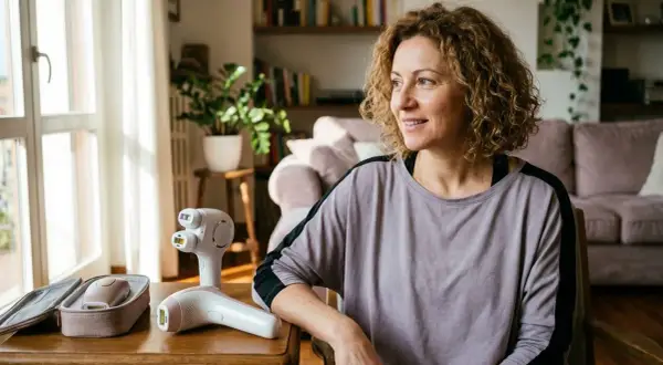 Donna sorridente con epilatori laser. Chissà quanto tempo ci vuole per rasare una stanza con questi dispositivi.