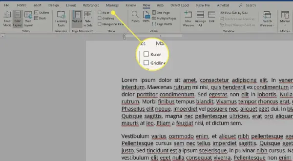 Widok okna programu Word z zaznaczoną opcją "Linijka" w menu "Widok".