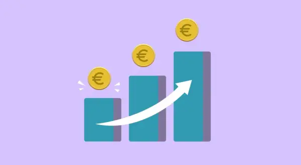 Gráfico de barras ascendente con monedas de euro y flecha blanca. El euríbor sube año tras año.