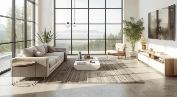 Salón moderno con grandes ventanales. El suelo de microcemento, con sus ventajas y desventajas, complementa el mobiliario minimalista y las vistas al exterior.